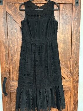 Nicole Miller Black Lace Midi Dress with Scalloped Hem